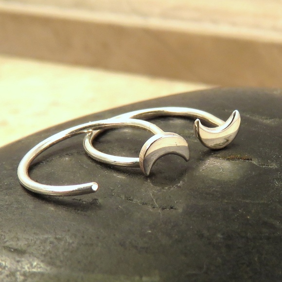 Tiny Silver Crescent Moon Hoop Earrings - Sleeper Hoops - Handcrafted NWT - Picture 4 of 5